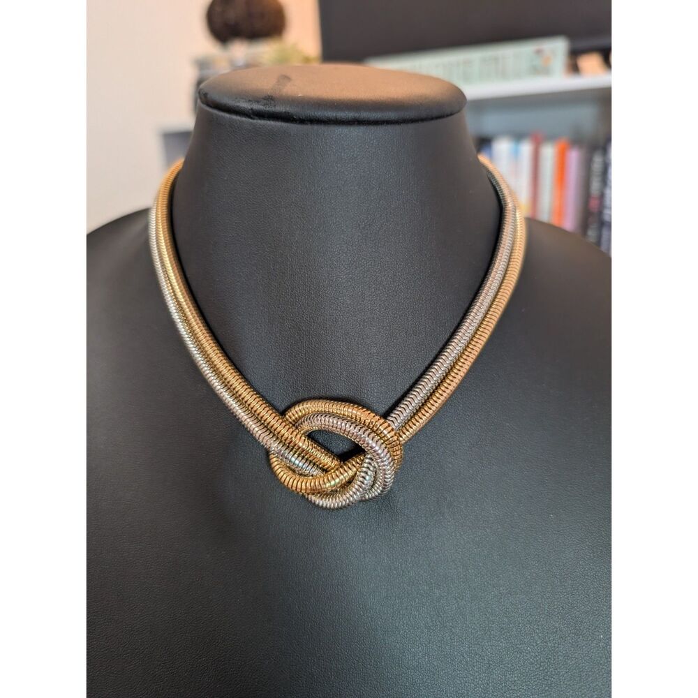 Chunky Mixed Metal Two Tone Snake Chain Knot Necklace - Gold Silver Statement